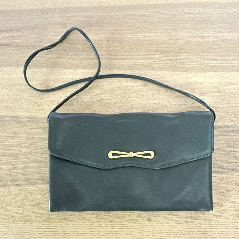 Gray Women’s Shoulder Bag Gold Bow Accent Snap Closure clutch Strap vintage